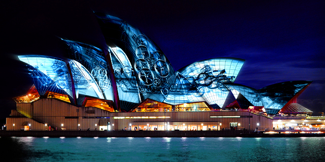 Sydney Opera House with a projected image on it