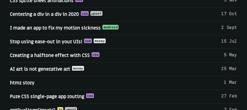 screenshot of a blog post list