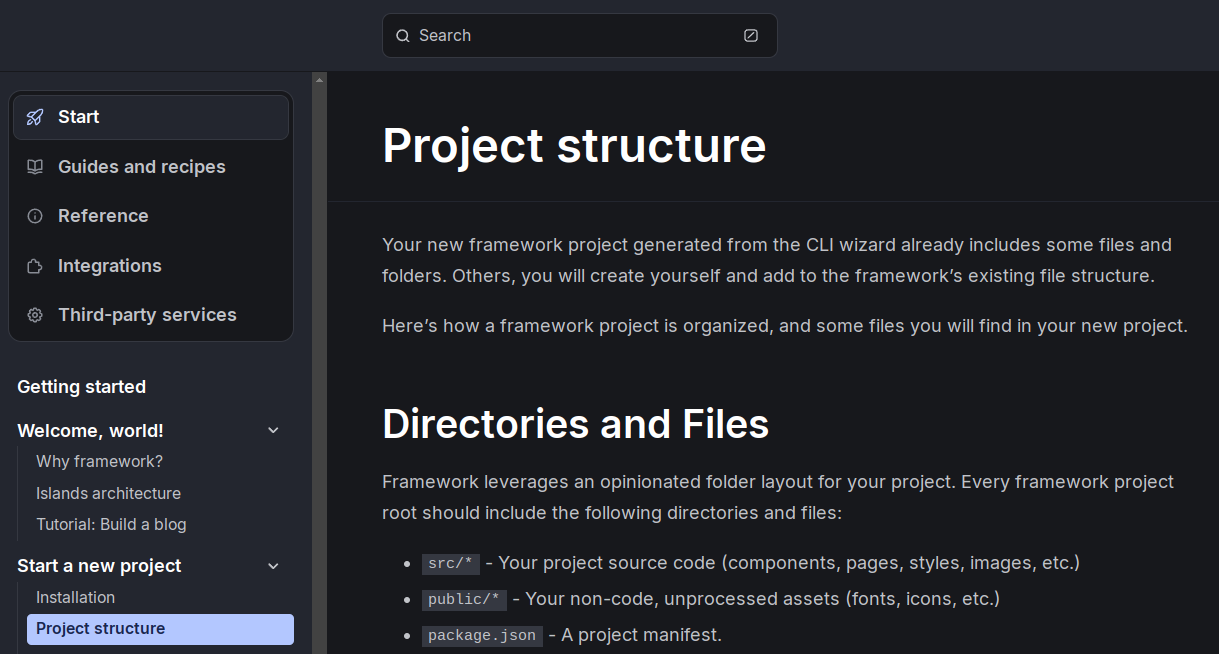 screenshot of a framework’s documentation
